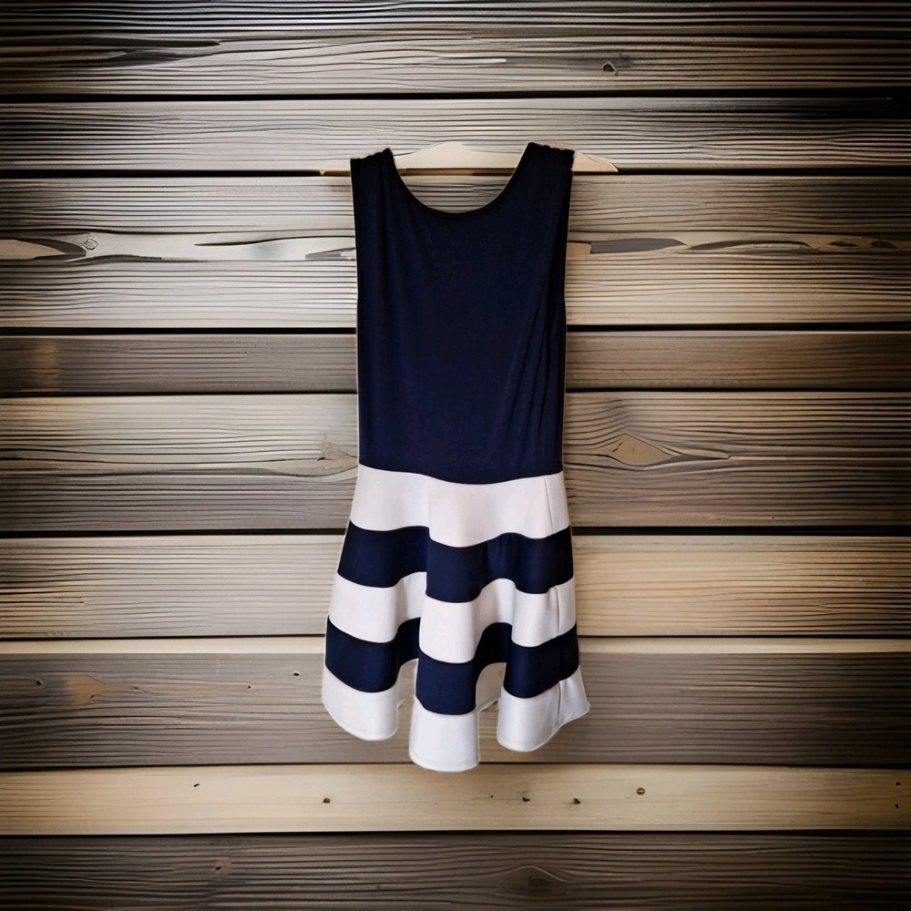 Knit Sleevless Black & White Stripe Short Dress City Studio SzS A Line Skirt 145 - Picture 2 of 2